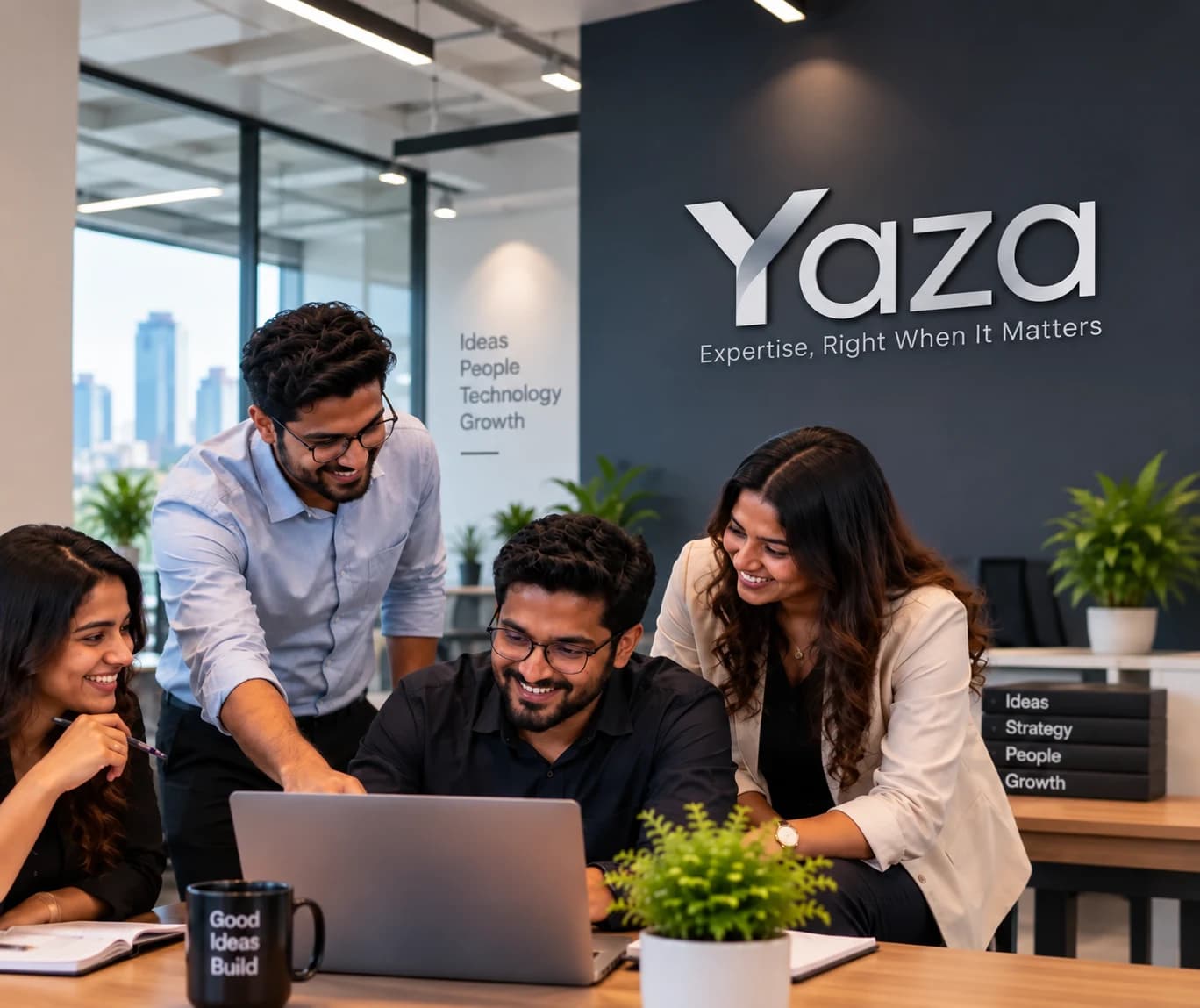 A technology team collaborating in a modern office