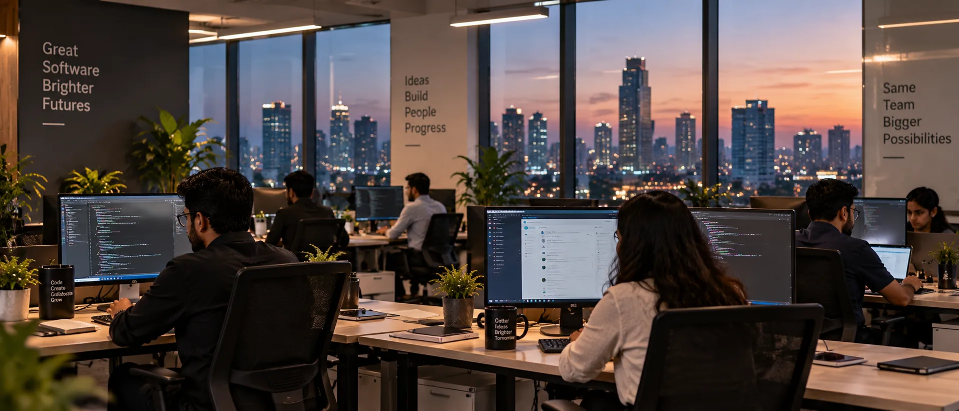 A software team's desks overlooking a city skyline at dusk