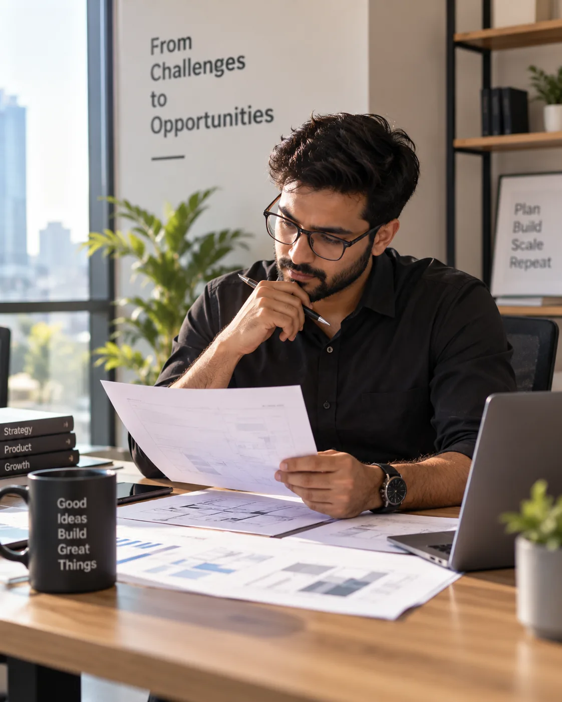 A focused professional reviewing project plans at a desk